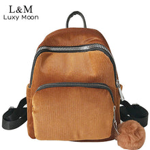 Load image into Gallery viewer, Women Backpack Schoolbag Corduroy Cute Pompom Backpack