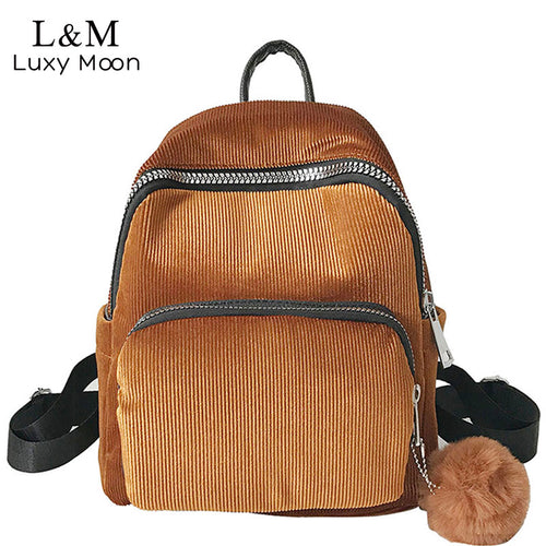 Women Backpack Schoolbag Corduroy Cute Pompom Backpack